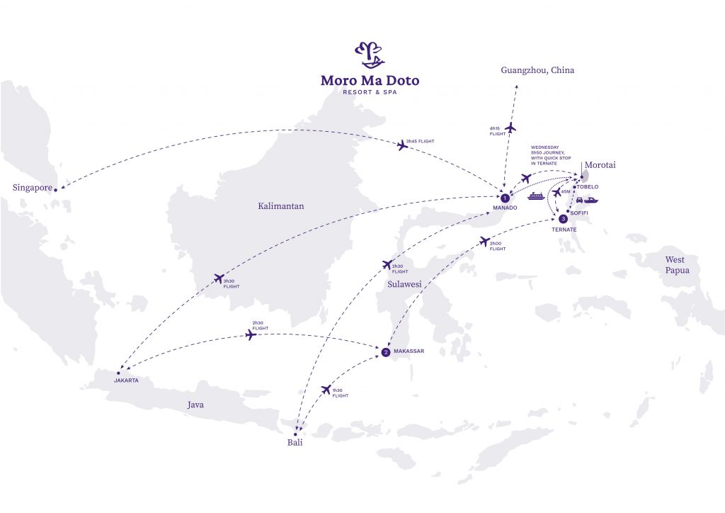 Map of route option to get to Morotail Island. From Bali, Jakarta, Manado, Makassar, Singapore and China